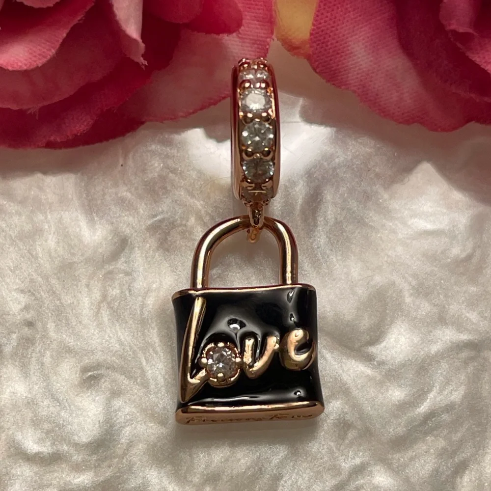 Bracelet Charm Rose Gold Love Lock with Rhinestones